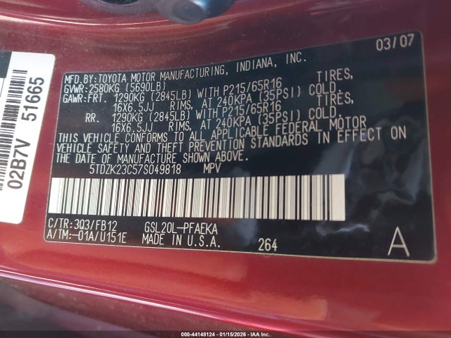 2007 TOYOTA SIENNA 5TDZK23C57S049818 Photo 8
