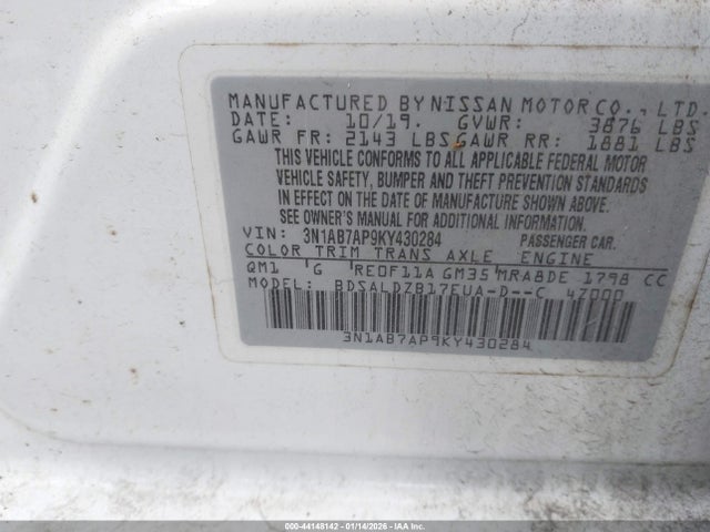 44148142 :رقم المزاد ، 3N1AB7AP9KY430284 vin ، 2019 Nissan Sentra Sv مزاد بيع