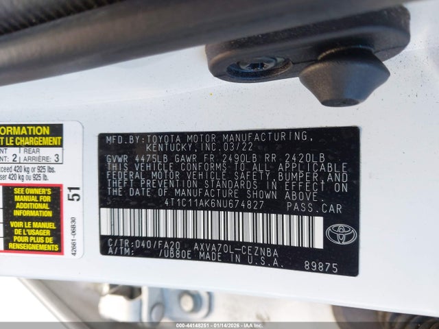 4T1C11AK6NU674827 Toyota CAMRY LE
