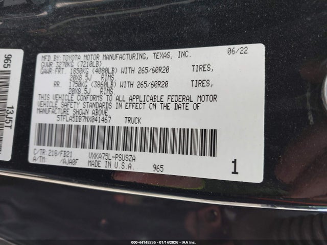 Продаж на аукціоні авто 2022 Toyota Tundra Sr5, vin: 5TFLA5DB7NX041467, номер лоту: 44148295