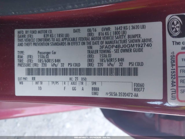 44148371 :رقم المزاد ، 3FADP4BJ0GM192740 vin ، 2016 Ford Fiesta Se مزاد بيع