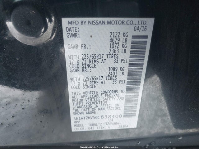 5N1AT2MV5GC838400 Nissan ROGUE SV