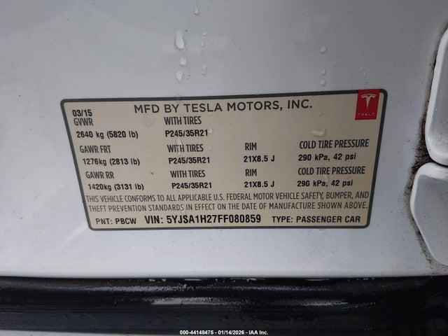 Продажа на аукционе авто 2015 Tesla Model S 70d/85d/p85d, vin: 5YJSA1H27FF080859, номер лота: 44148475