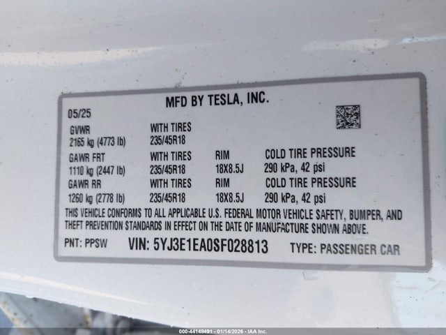 Aukcja sprzedaży 2025 Tesla Model 3 Long Range Rear-wheel Drive/standard Rear-wheel Drive, vin: 5YJ3E1EA0SF028813, numer aukcji: 44148491
