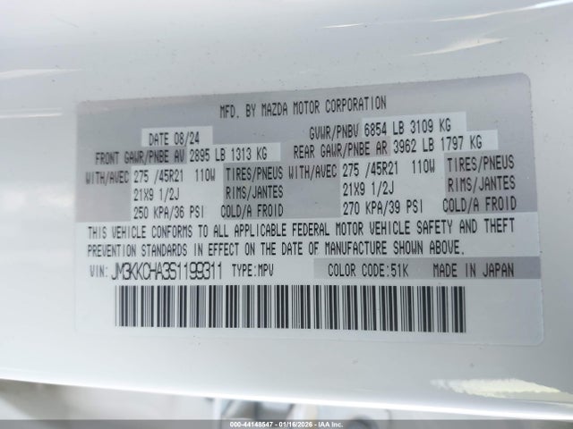 44148547 :رقم المزاد ، JM3KKCHA3S1199311 vin ، 2025 Mazda Cx-90 Phev Premium Sport مزاد بيع