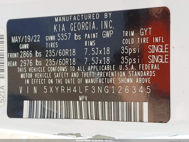 5XYRH4LF3NG126345 KIA SORENTO EX