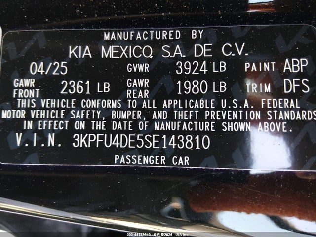 2025 Kia K4 Ex მანქანა იყიდება აუქციონზე, vin: 3KPFU4DE5SE143810, აუქციონის ნომერი: 44148640