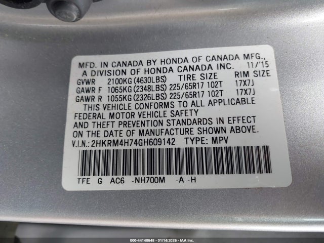 2HKRM4H74GH609142 Honda Cr-v Ex-l