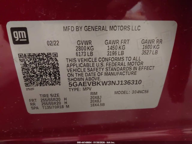 44148684 :رقم المزاد ، 5GAEVBKW3NJ136310 vin ، 2022 Buick Enclave Awd Premium مزاد بيع