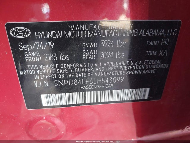 2020 Hyundai Elantra Sel მანქანა იყიდება აუქციონზე, vin: 5NPD84LF6LH543099, აუქციონის ნომერი: 44148889