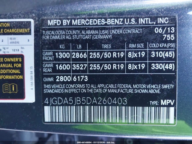 Продаж на аукціоні авто 2013 Mercedes-benz Ml 350, vin: 4JGDA5JB5DA260403, номер лоту: 44148894