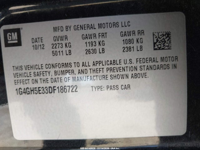 44148929 :رقم المزاد ، 1G4GH5E33DF186722 vin ، 2013 Buick Lacrosse Premium 2 Group مزاد بيع