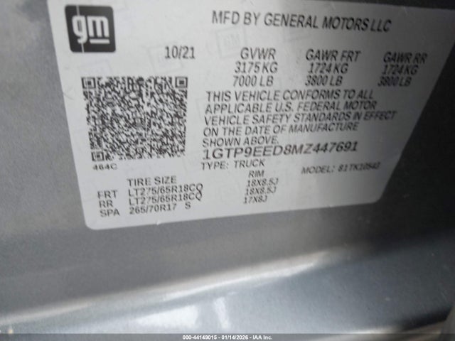 44149015 :رقم المزاد ، 1GTP9EED8MZ447691 vin ، 2021 Gmc Sierra 1500 4wd  Short Box At4 مزاد بيع
