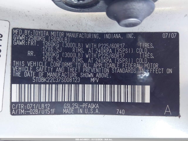 2007 TOYOTA SIENNA 5TDBK22C37S008123 Photo 8