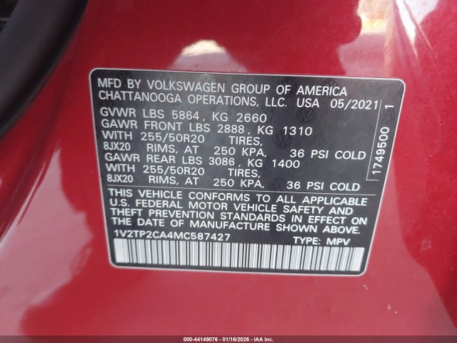 2021 Volkswagen Atlas 2.0t Sel Premium მანქანა იყიდება აუქციონზე, vin: 1V2TP2CA4MC587427, აუქციონის ნომერი: 44149076