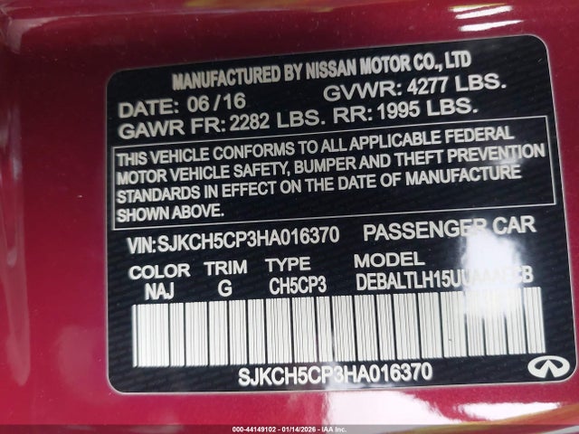 Продажа на аукционе авто 2017 Infiniti Qx30 Sport, vin: SJKCH5CP3HA016370, номер лота: 44149102