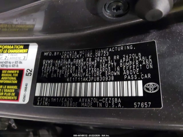 44149112 :رقم المزاد ، 4T1T11AK3PU830938 vin ، 2023 Toyota Camry Se مزاد بيع