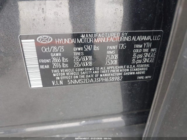 5NMS2DAJ3PH638982 Hyundai Santa Fe Sel