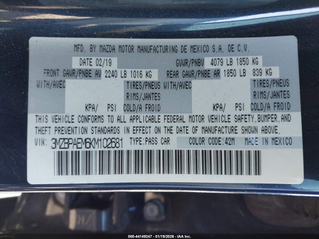 Продажа на аукционе авто 2019 Mazda Mazda3 Premium Package, vin: 3MZBPAEM6KM102681, номер лота: 44149247