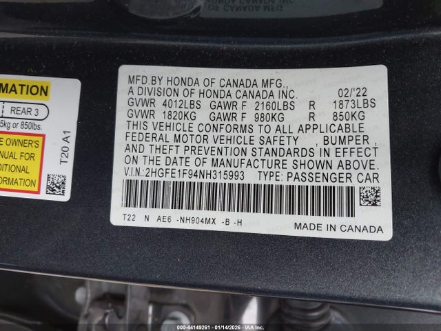 Honda Civic Touring 2022 2HGFE1F94NH315993 Image 9