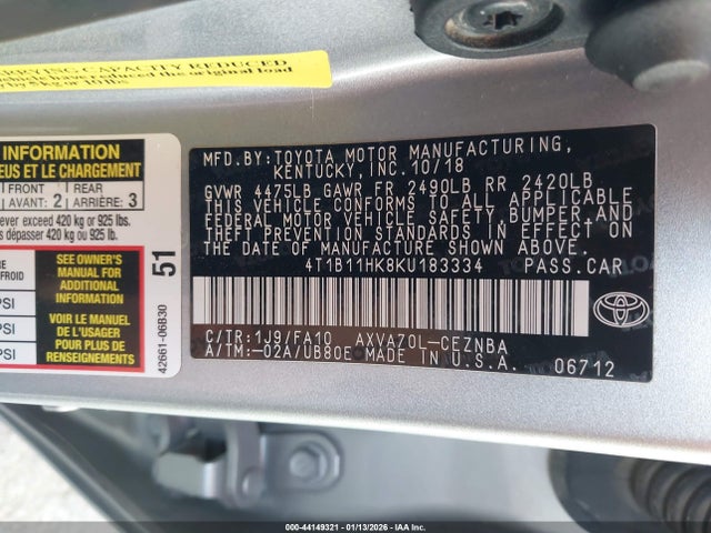 4T1B11HK8KU183334 Toyota CAMRY LE