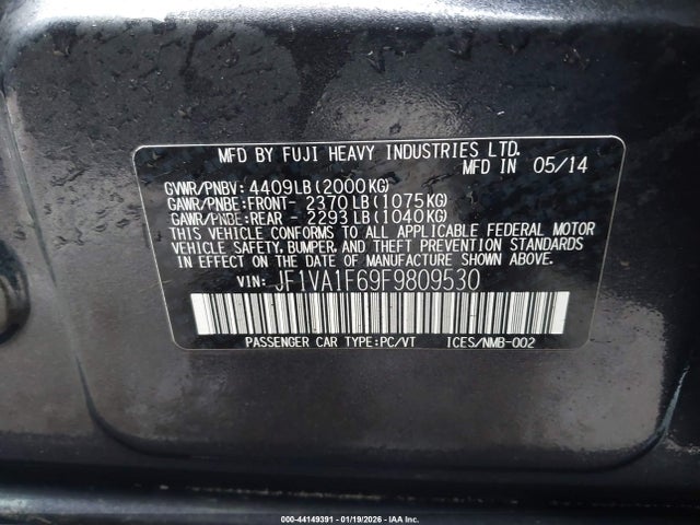 2015 Subaru Wrx Premium მანქანა იყიდება აუქციონზე, vin: JF1VA1F69F9809530, აუქციონის ნომერი: 44149391