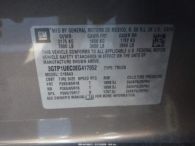 Aukcja sprzedaży 2014 Gmc Sierra 1500 Sle, vin: 3GTP1UEC0EG417952, numer aukcji: 44149411