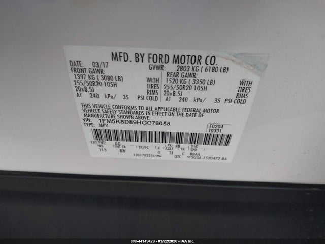 Aukcja sprzedaży 2017 Ford Explorer Xlt, vin: 1FM5K8D89HGC76058, numer aukcji: 44149429