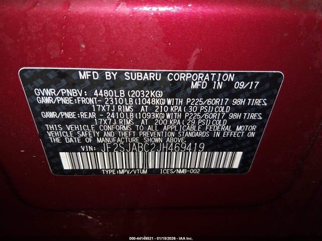 Продаж на аукціоні авто 2018 Subaru Forester 2.5i, vin: JF2SJABC2JH469419, номер лоту: 44149521