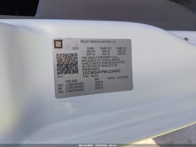 2019 Chevrolet Express 2500 Work Van მანქანა იყიდება აუქციონზე, vin: 1GCWGAFP9K1194301, აუქციონის ნომერი: 44149543