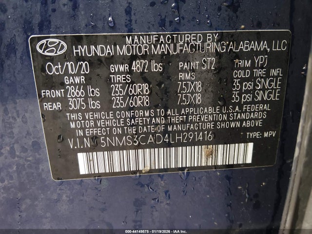 5NMS3CAD4LH291416 Hyundai Santa Fe Sel