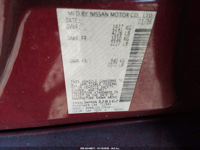 1N4AL3AP4GN328162 Nissan Altima 2.5/2.5 S/2.5 Sl/2.5 Sr/2.5 Sv