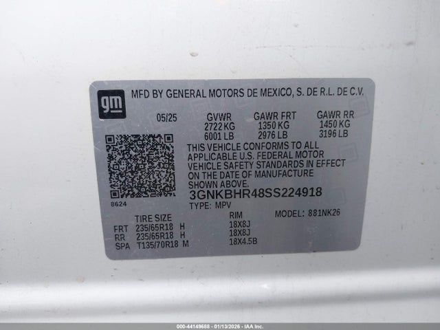 44149688 :رقم المزاد ، 3GNKBHR48SS224918 vin ، 2025 Chevrolet Blazer Awd 2lt مزاد بيع
