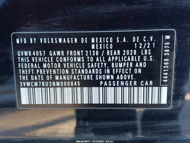 3VWCM7BU3NM000845 Volkswagen Jetta 1.5t S