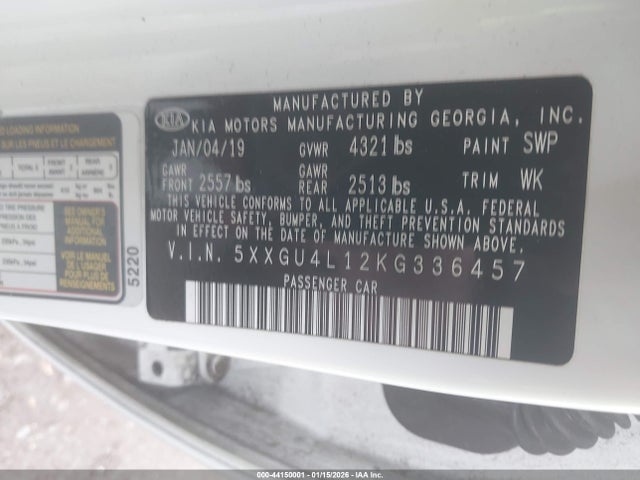 2019 Kia Optima Ex მანქანა იყიდება აუქციონზე, vin: 5XXGU4L12KG336457, აუქციონის ნომერი: 44150001