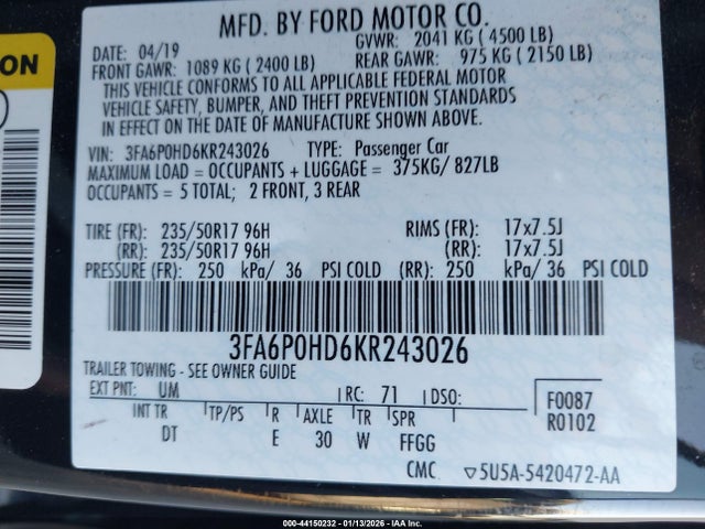 2019 FORD FUSION 3FA6P0HD6KR243026 Photo 8