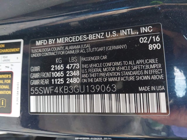 44150288 :رقم المزاد ، 55SWF4KB3GU139063 vin ، 2016 Mercedes-benz C 300 4matic مزاد بيع