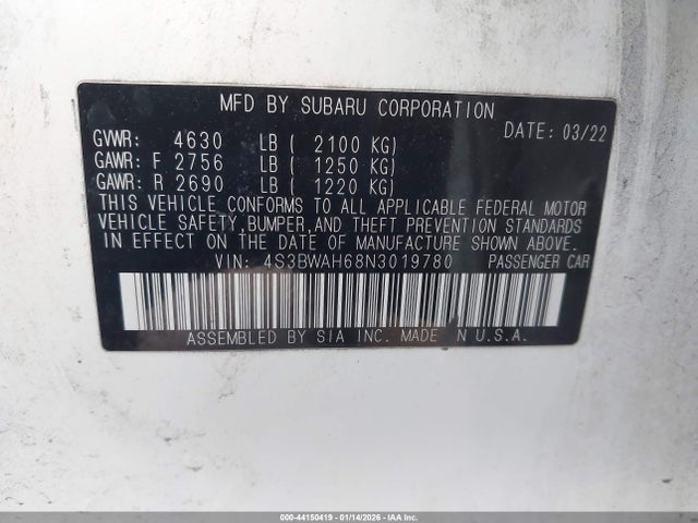 4S3BWAH68N3019780 Subaru Legacy Sport