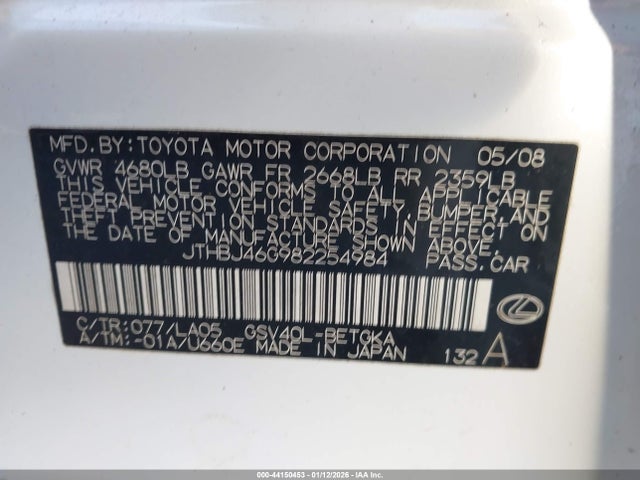 Продажа на аукционе авто 2008 Lexus Es 350, vin: JTHBJ46G982254984, номер лота: 44150453