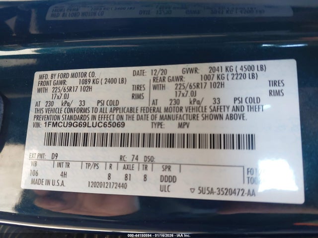 Ford ESCAPE SE 2020 1FMCU9G69LUC65069 Image 9