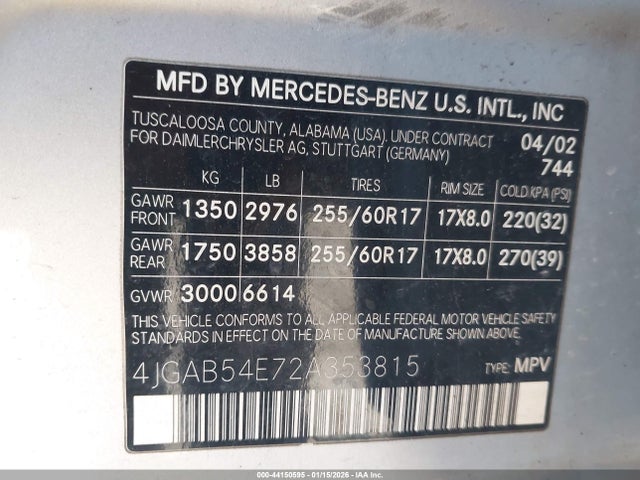 Aukcja sprzedaży 2002 Mercedes-benz Ml 320, vin: 4JGAB54E72A353815, numer aukcji: 44150595