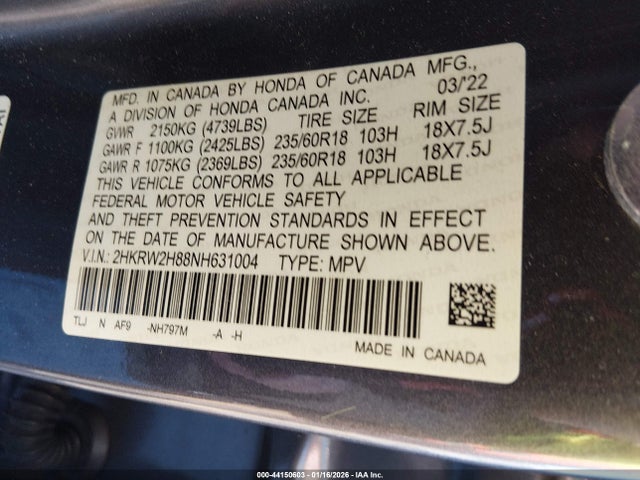 2HKRW2H88NH631004 Honda Cr-v Awd Ex-l
