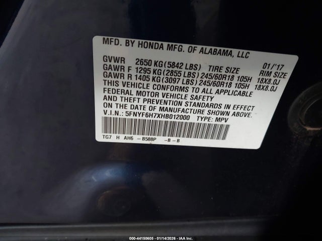 Honda Pilot Ex-l 2017 5FNYF6H7XHB012000 Image 9