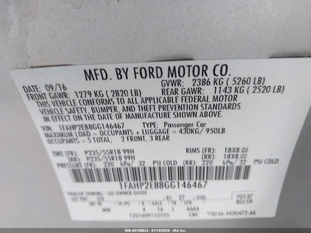 Ford TAURUS SEL 2016 1FAHP2E88GG146467 Image 9