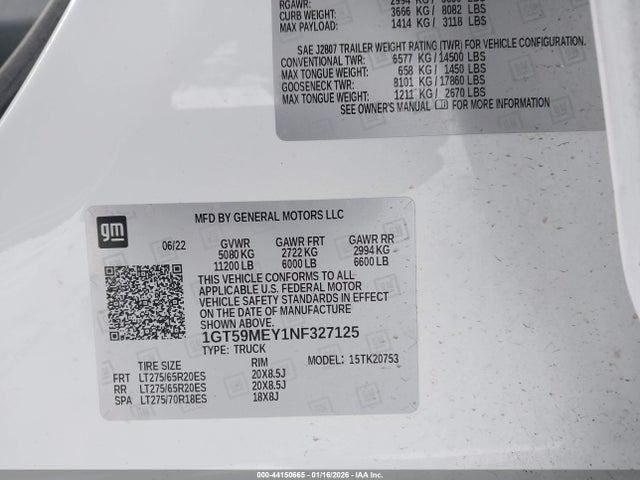 44150665 :رقم المزاد ، 1GT59MEY1NF327125 vin ، 2022 Gmc Sierra 2500hd مزاد بيع