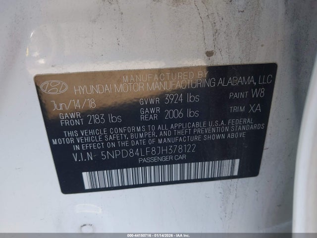 5NPD84LF8JH378122 Hyundai Elantra Value Edition