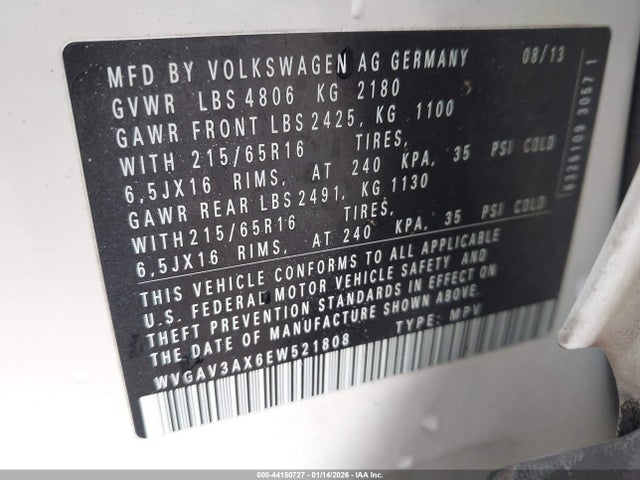 Продаж на аукціоні авто 2014 Volkswagen Tiguan S, vin: WVGAV3AX6EW521808, номер лоту: 44150727