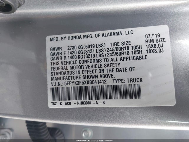 Honda Ridgeline Rtl 2019 5FPYK3F5XKB041412 Image 9