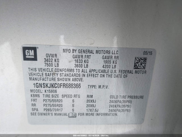 44150863 :رقم المزاد ، 1GNSKJKC0FR688366 vin ، 2015 Chevrolet Suburban 1500 Lt مزاد بيع