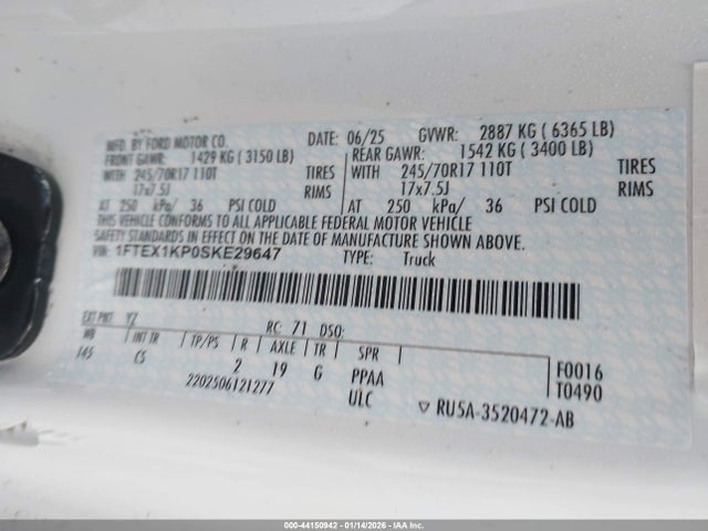 44150942 :رقم المزاد ، 1FTEX1KP0SKE29647 vin ، 2025 Ford F-150 Xl مزاد بيع